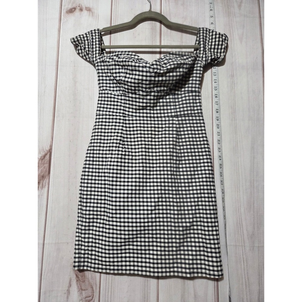 Guess Ladies 4 Black White Gingham Off Shoulder Sweetheart Bodycon Mini‎ Dress